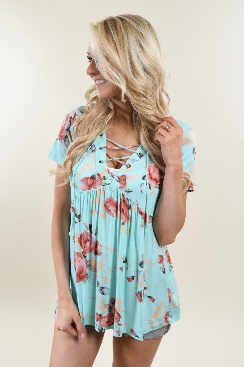 Favorite Lace Up Top ~ Floral Mint