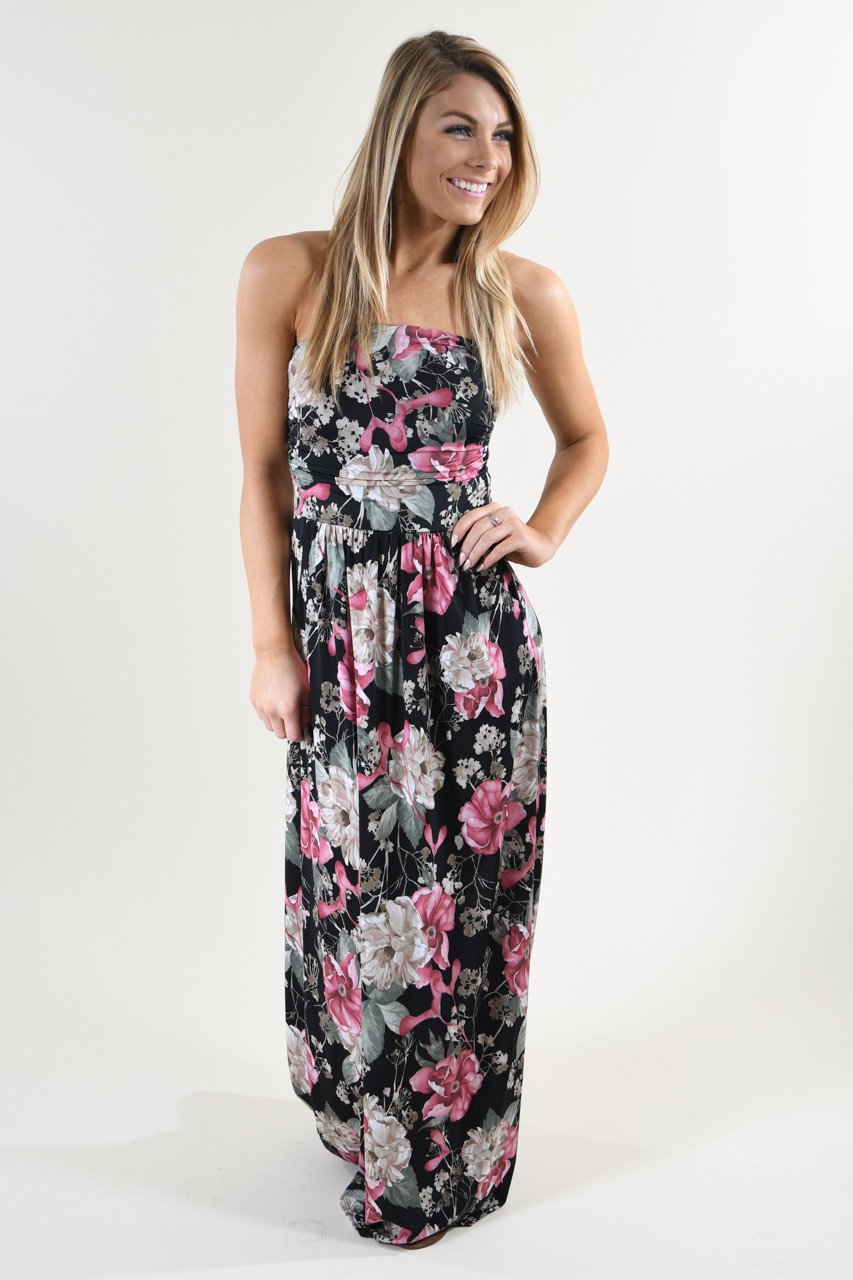 Strapless Floral Maxi Dress ~ Pink & Black