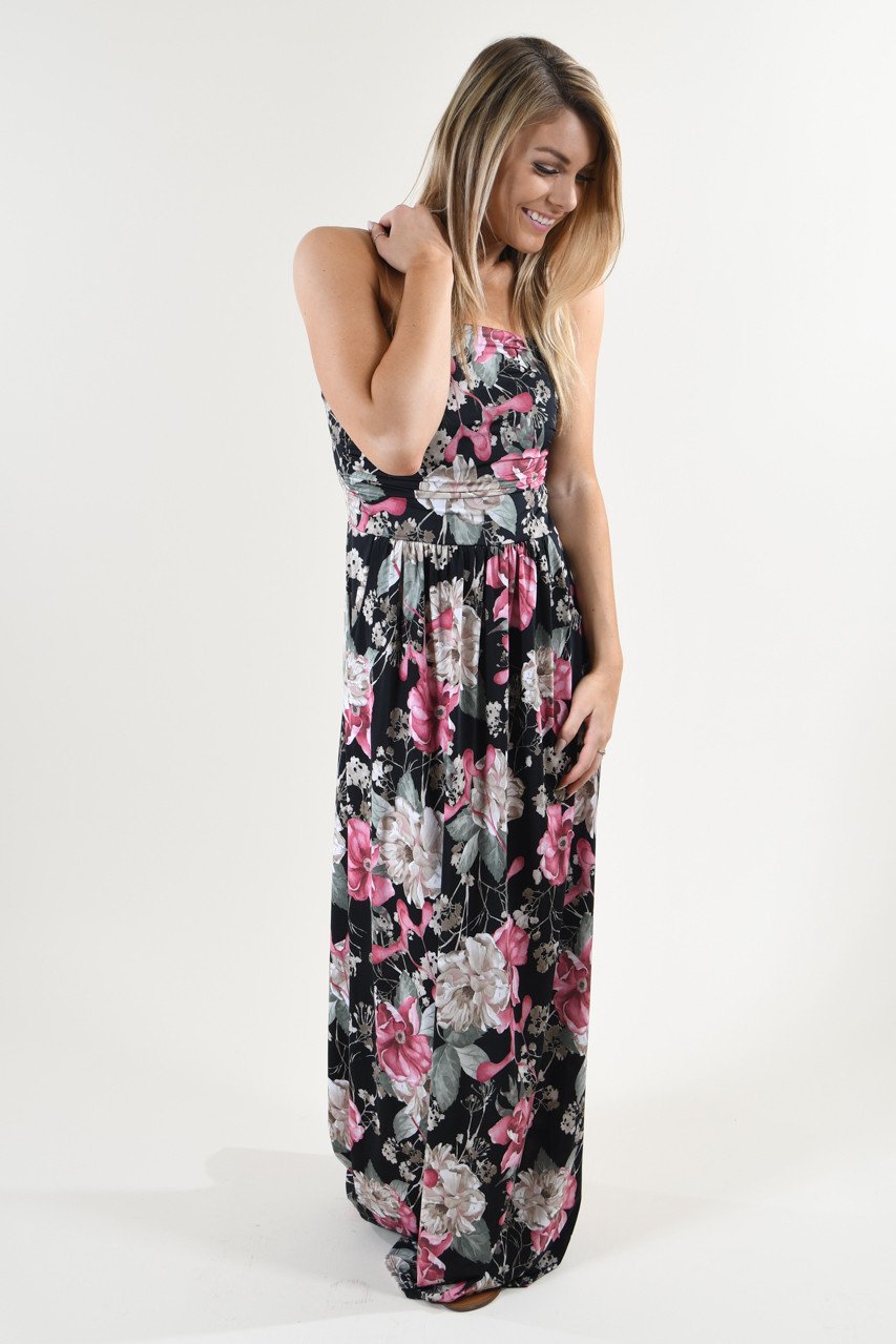 Strapless Floral Maxi Dress ~ Pink & Black