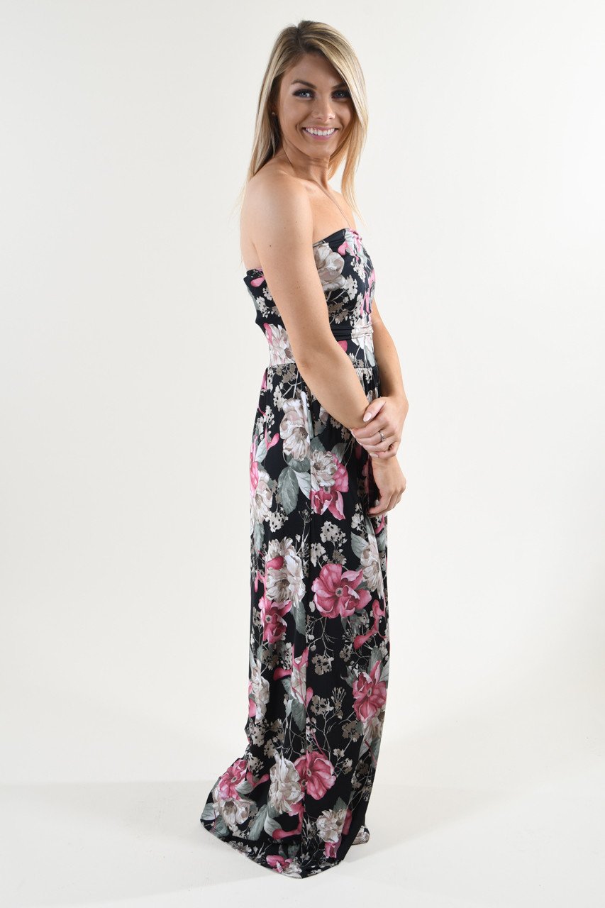Strapless Floral Maxi Dress ~ Pink & Black