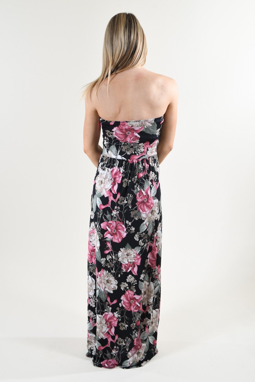 Strapless Floral Maxi Dress ~ Pink & Black