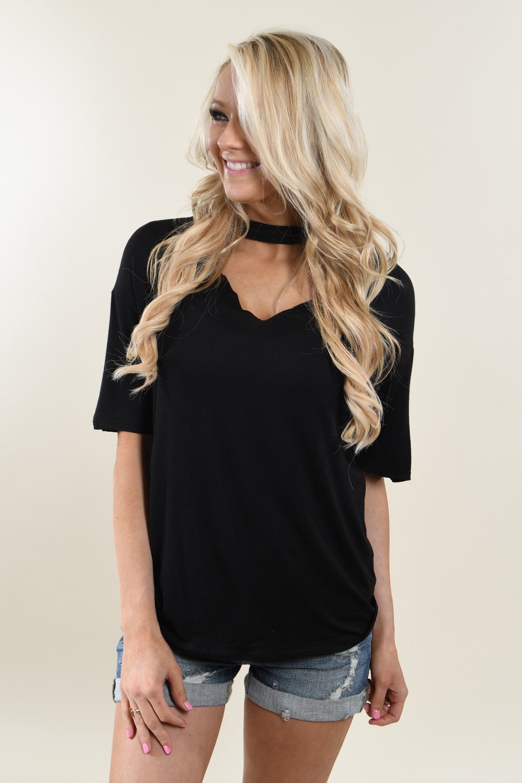 Raw Edge Mock Neck Top ~ Black