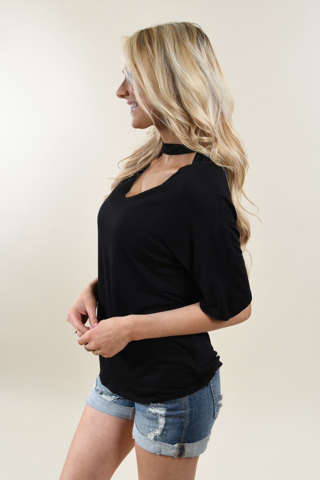 Raw Edge Mock Neck Top ~ Black