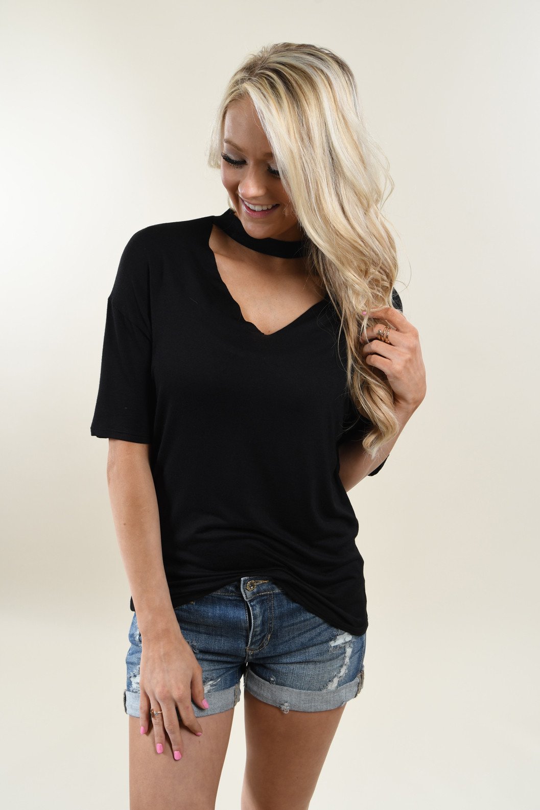 Raw Edge Mock Neck Top ~ Black