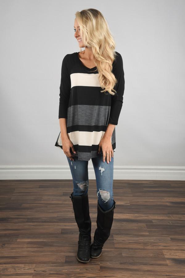 Life in Stripes Top - Steel Grey & Brown