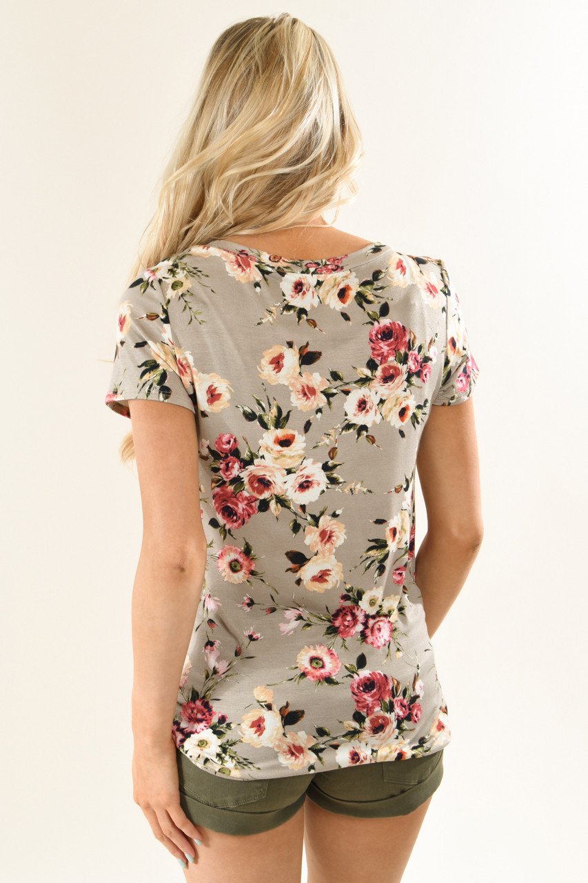 Dark Taupe Floral Knot Top