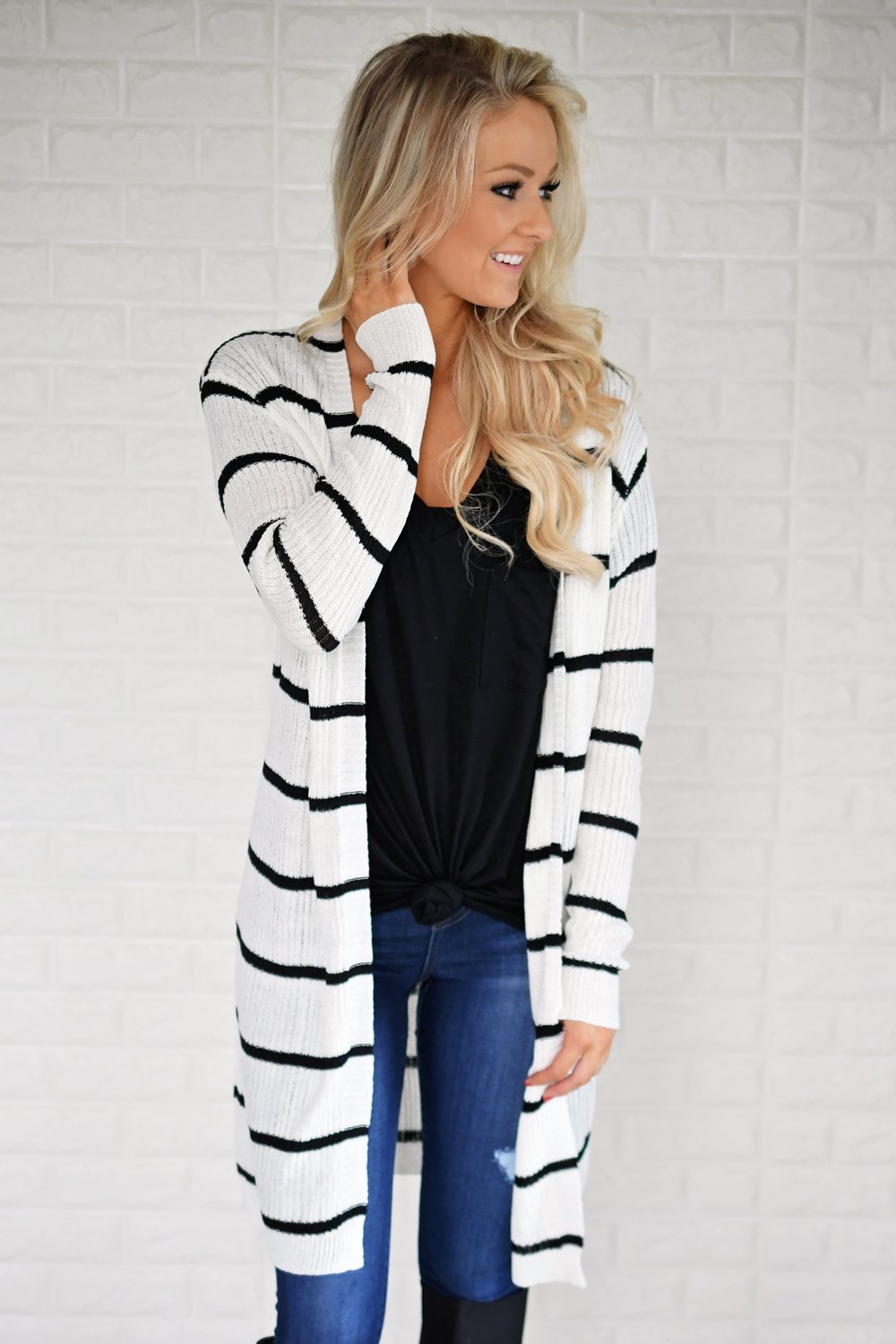 Long Black and White Striped Cardigan - Main Image