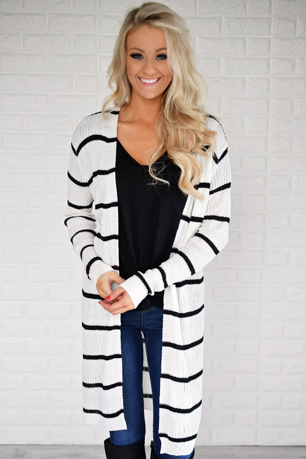 Long Black and White Striped Cardigan The Pulse Boutique