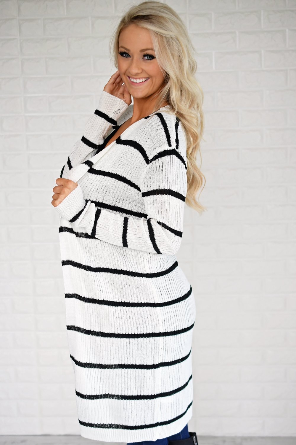 Long Black and White Striped Cardigan