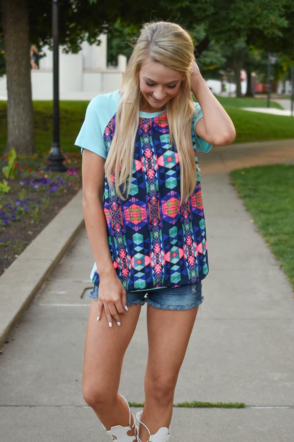 Neon Geo Print Top ~ Blue – The Pulse Boutique