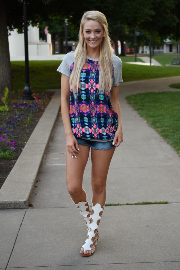 Neon Geo Print Top ~ Grey