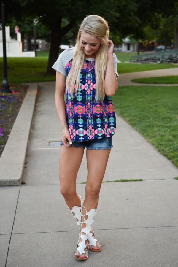 Neon Geo Print Top ~ Grey
