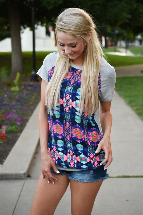 Neon Geo Print Top ~ Grey