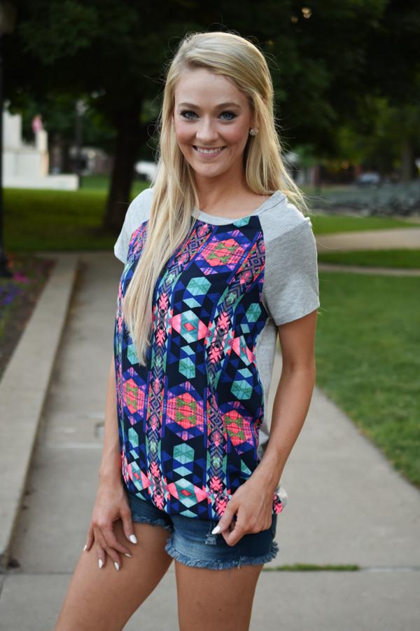 Neon Geo Print Top ~ Grey