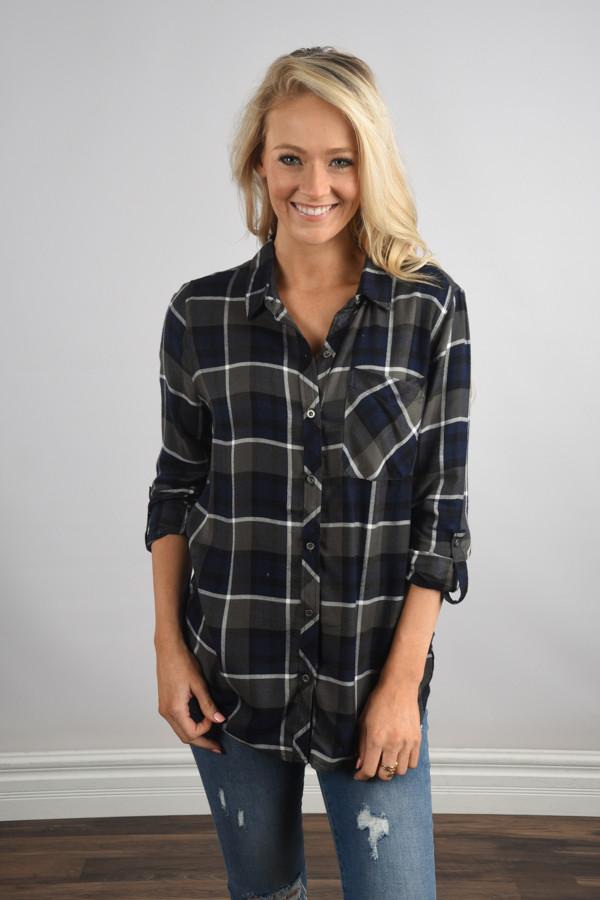Traditional Navy and Olive Plaid Top