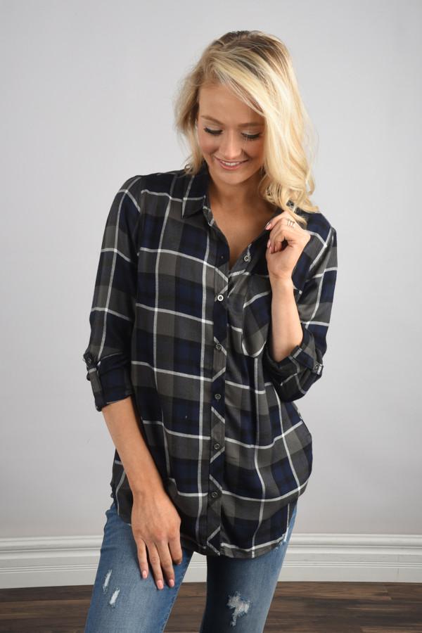Traditional Navy and Olive Plaid Top