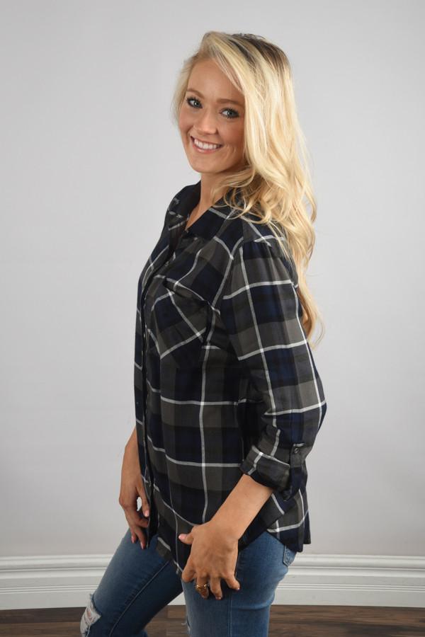 Traditional Navy and Olive Plaid Top