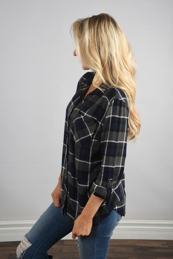 Traditional Navy and Olive Plaid Top