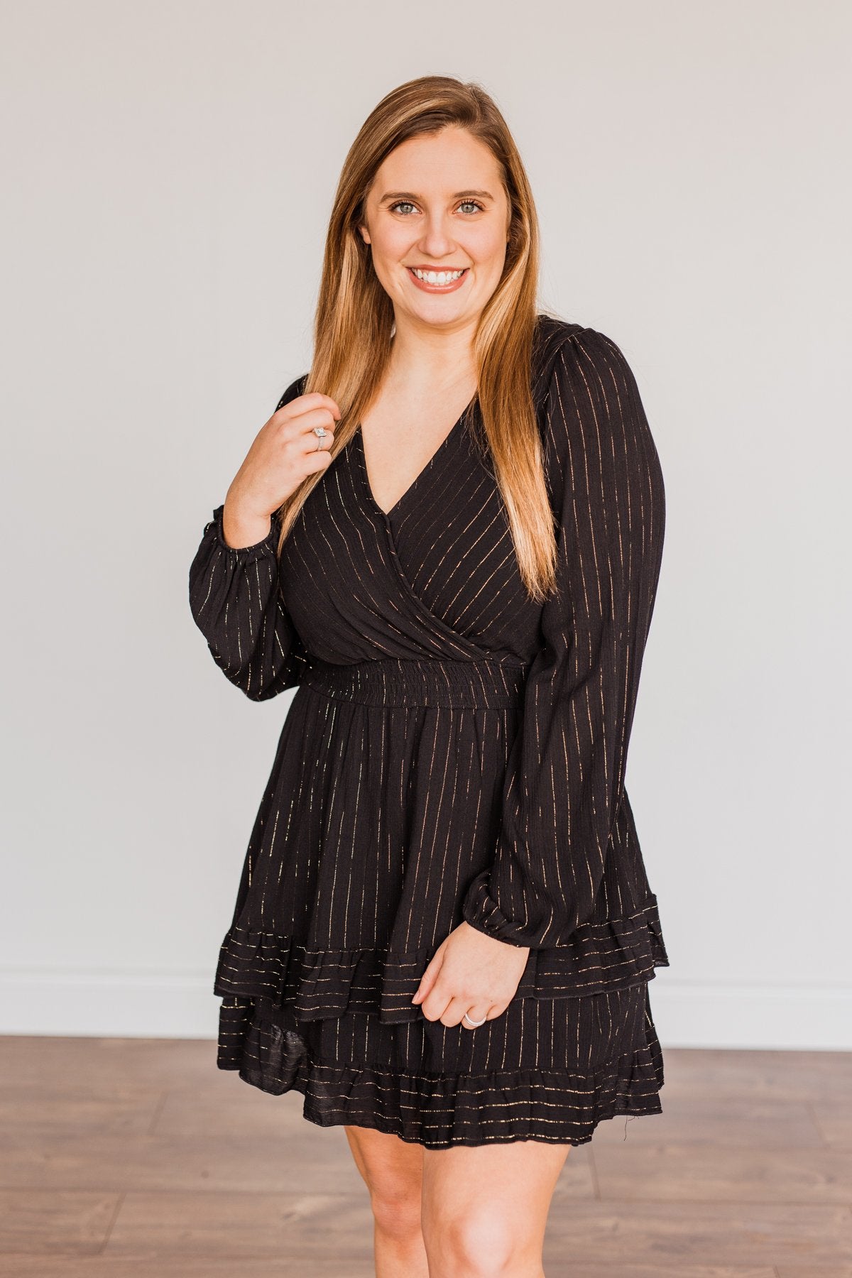 Shining Star Long Sleeve Dress- Black & Gold