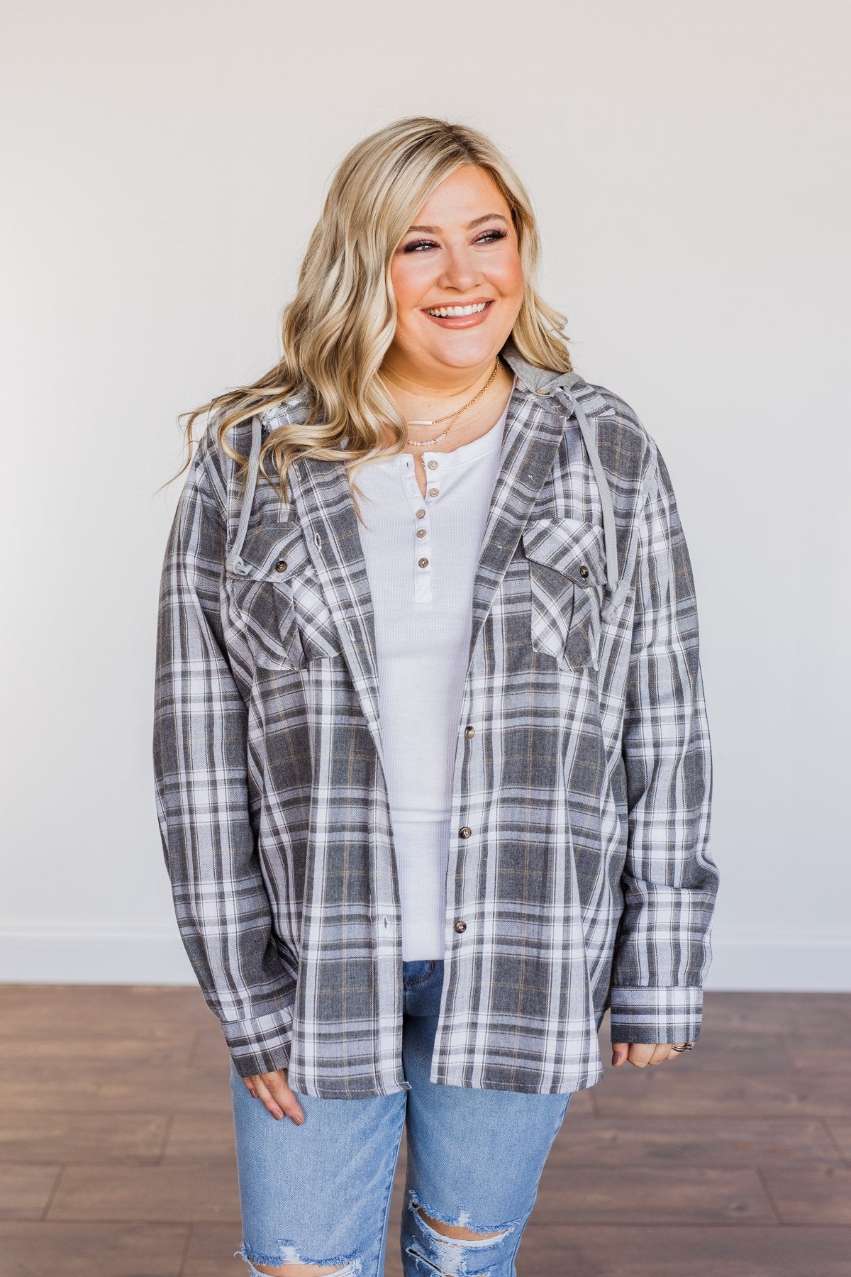 Knowing You're Mine Hooded Plaid Top- Grey