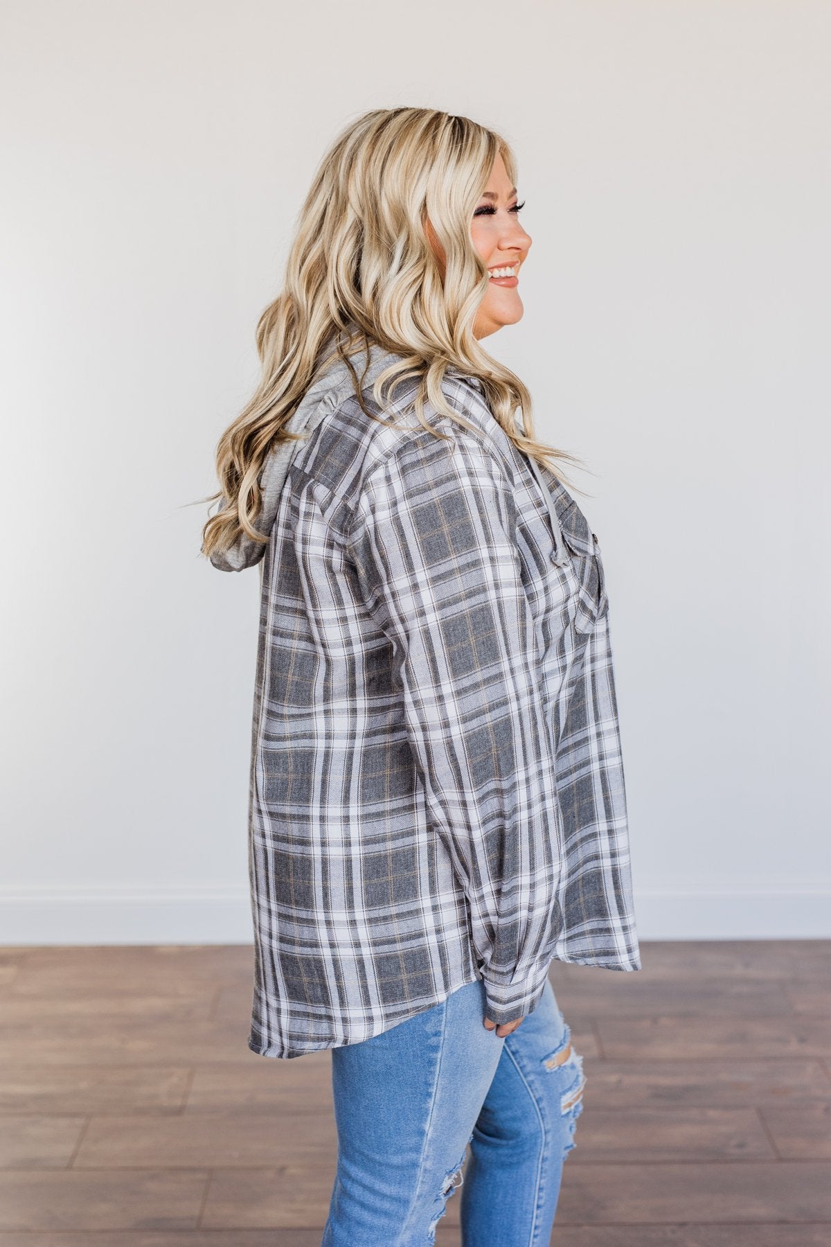 Knowing You're Mine Hooded Plaid Top- Grey