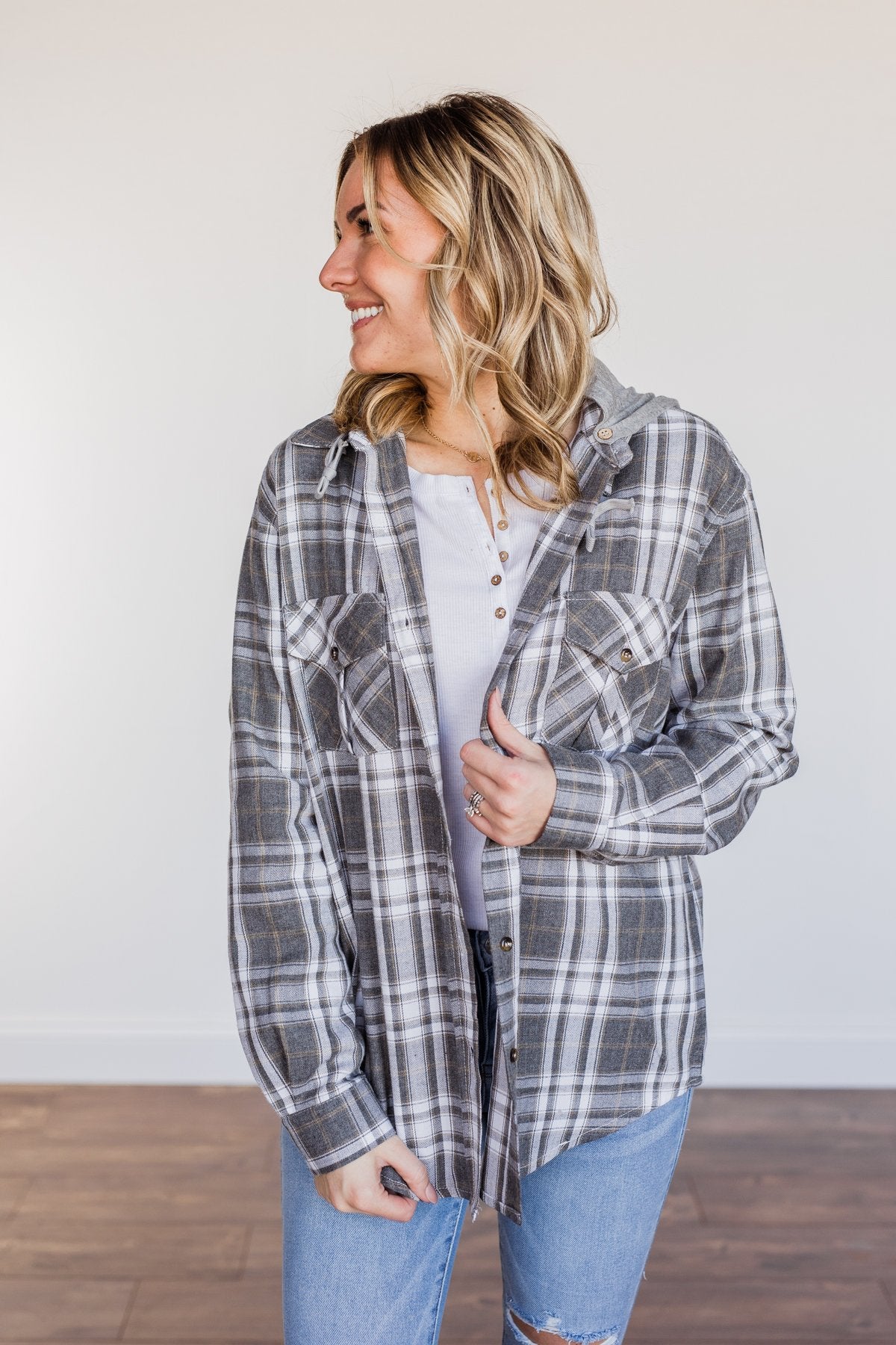 Knowing You're Mine Hooded Plaid Top- Grey