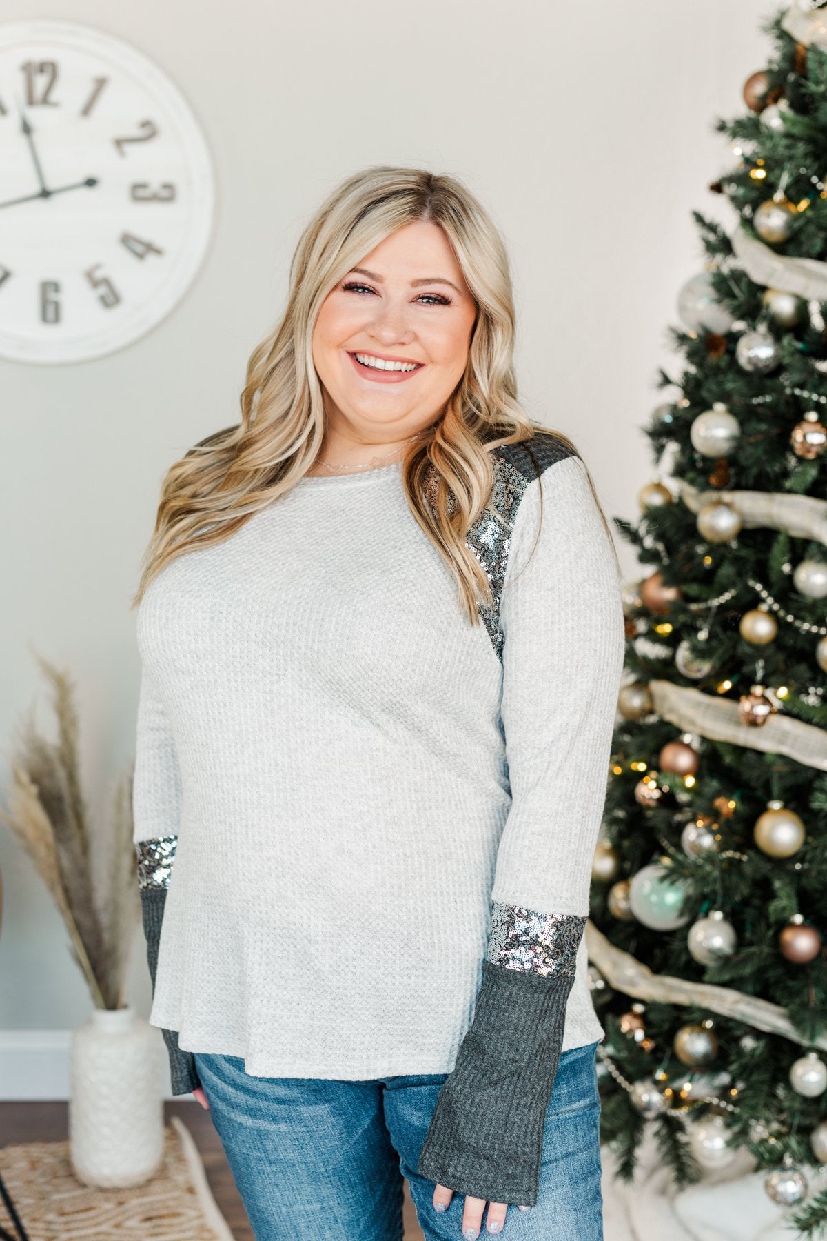 Holiday Magic Sequin Color Block Top- Charcoal & Light Grey