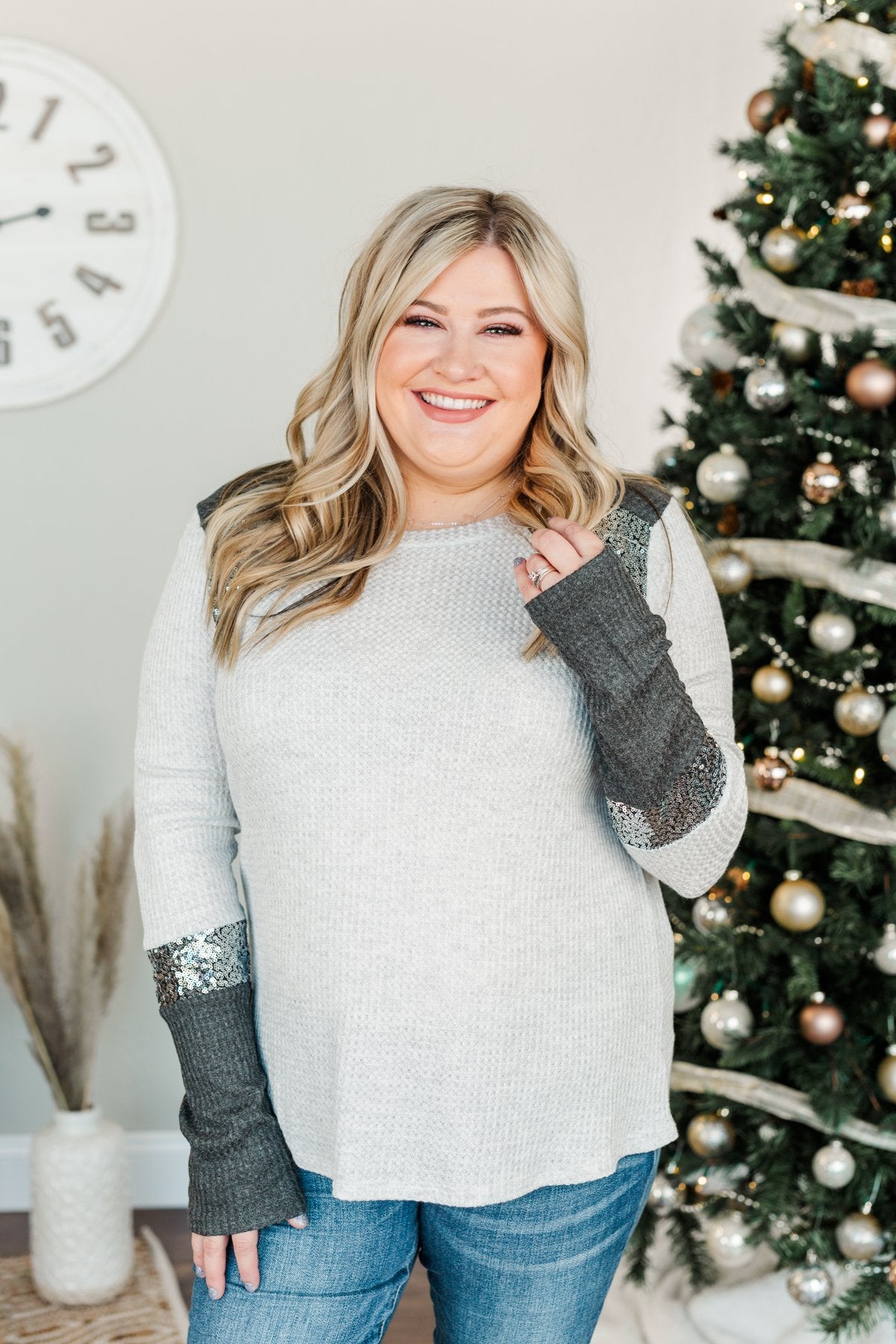 Holiday Magic Sequin Color Block Top- Charcoal & Light Grey