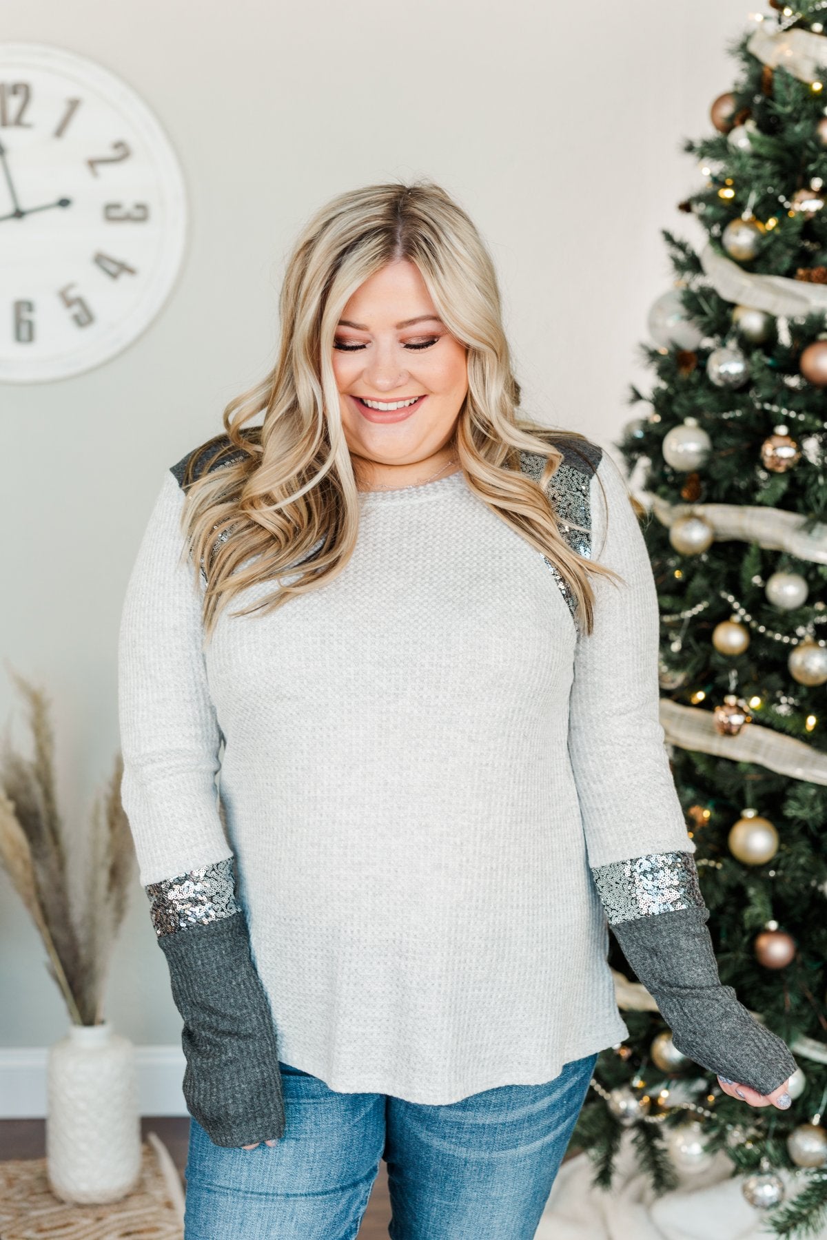 Holiday Magic Sequin Color Block Top- Charcoal & Light Grey