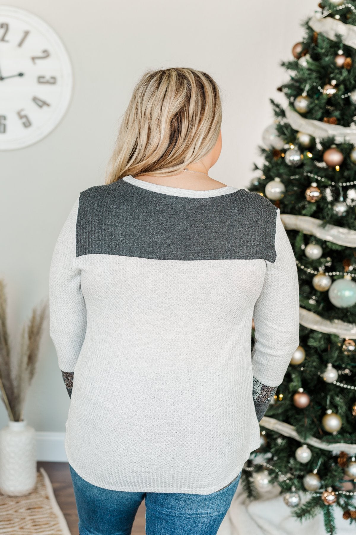 Holiday Magic Sequin Color Block Top- Charcoal & Light Grey