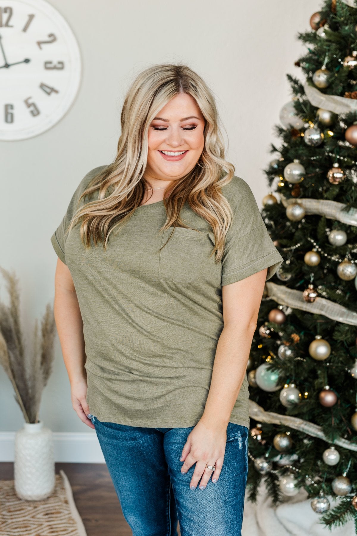 Simpler Times V-Neck Pocket Top- Light Olive