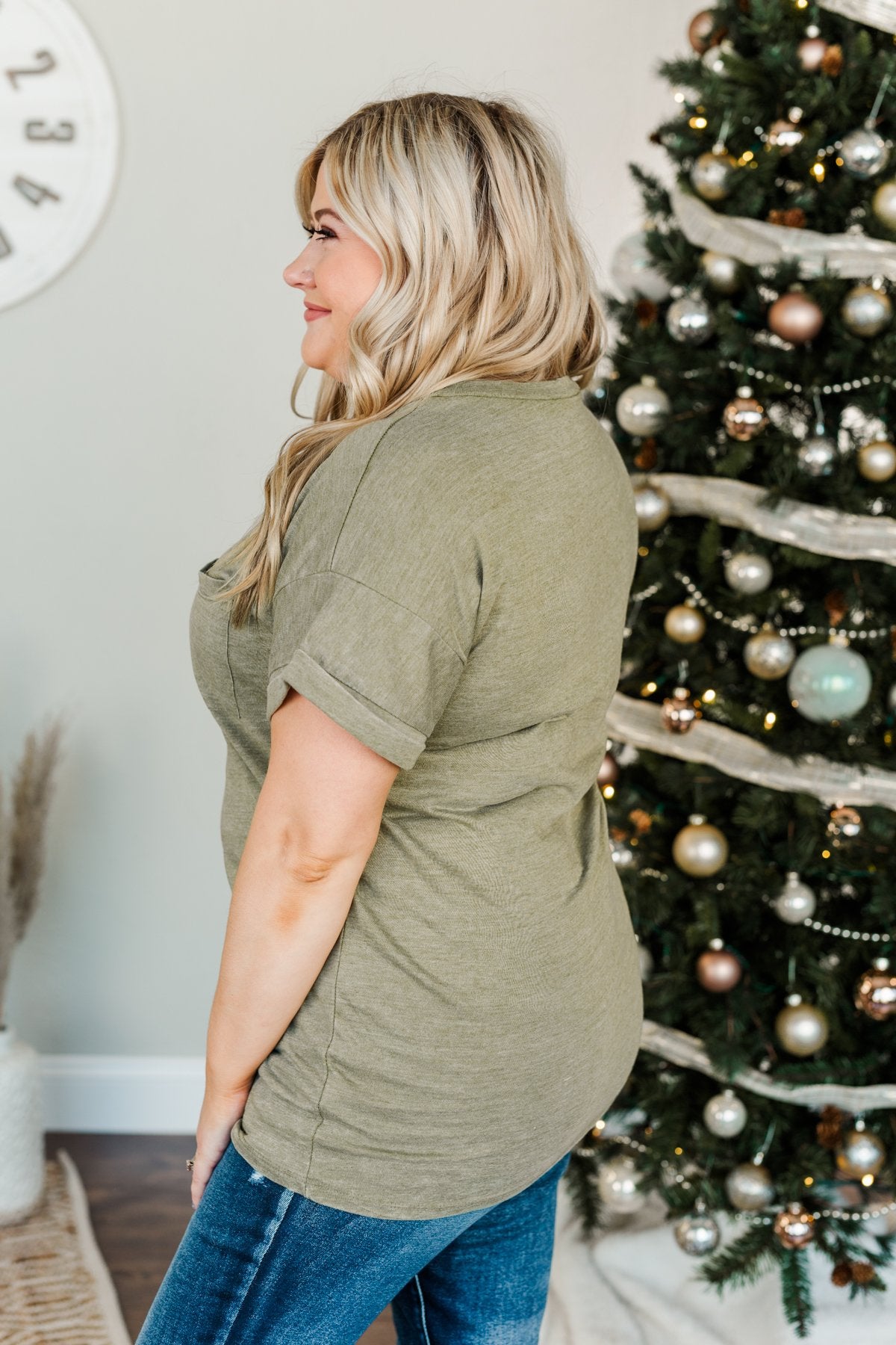 Simpler Times V-Neck Pocket Top- Light Olive