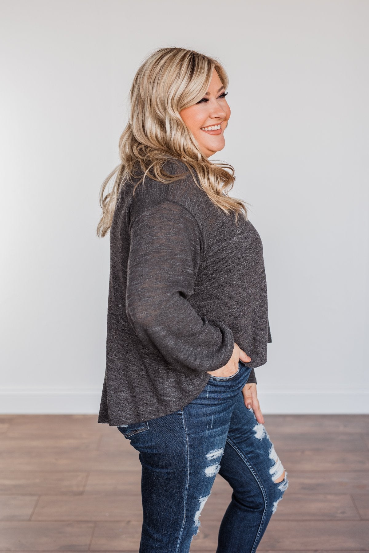 Breaking The Rules High-Low Long Sleeve Top- Charcoal