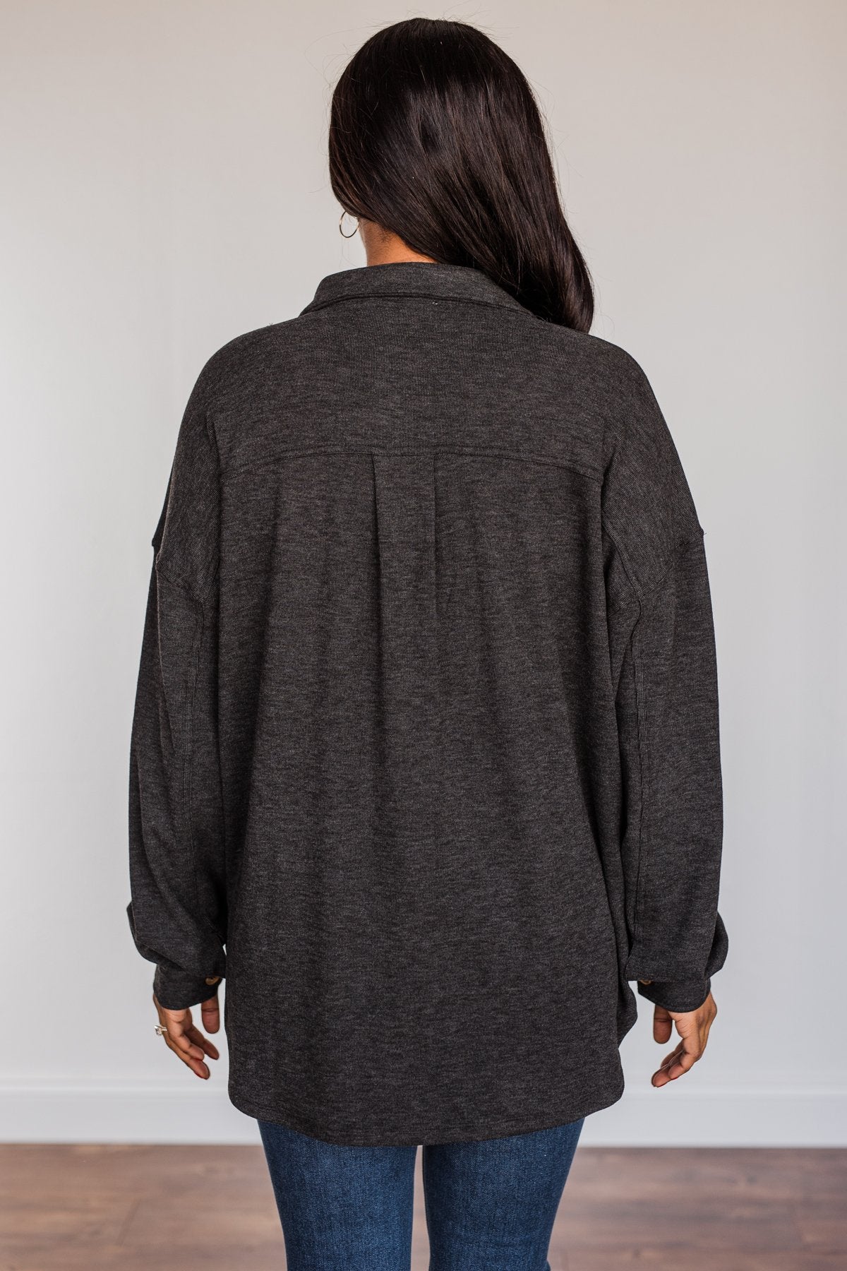 Sparkling Snow Button Pocket Top- Charcoal