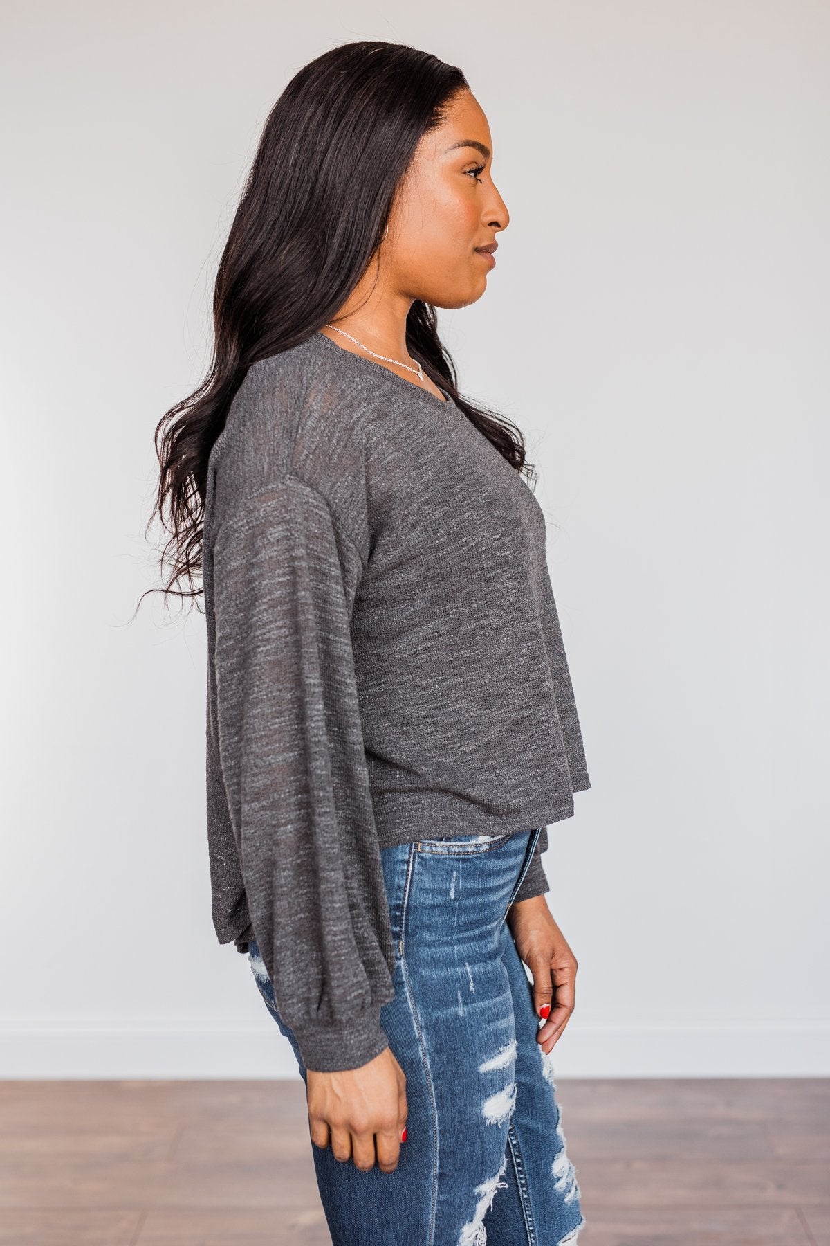 Breaking The Rules High-Low Long Sleeve Top- Charcoal