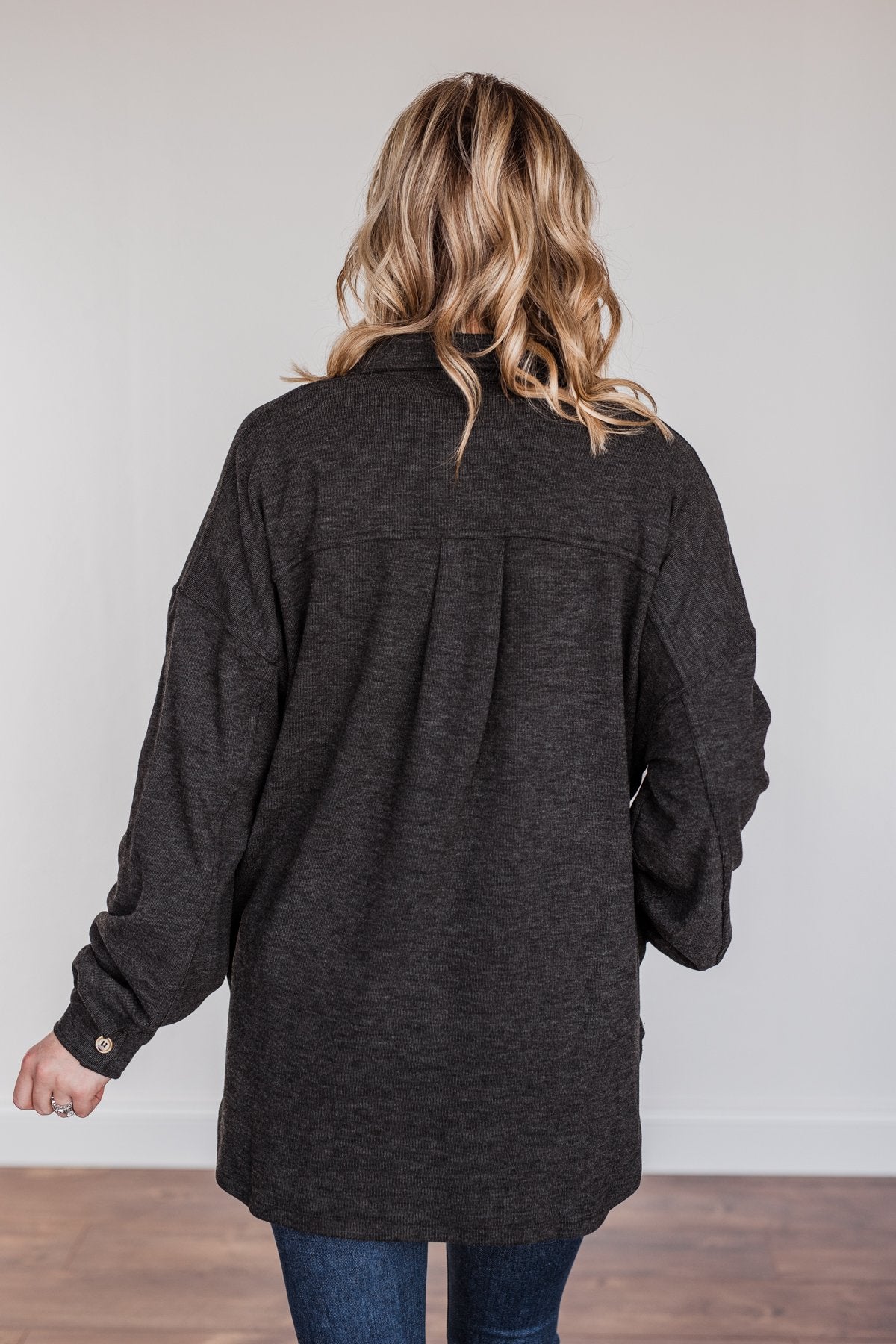 Sparkling Snow Button Pocket Top- Charcoal
