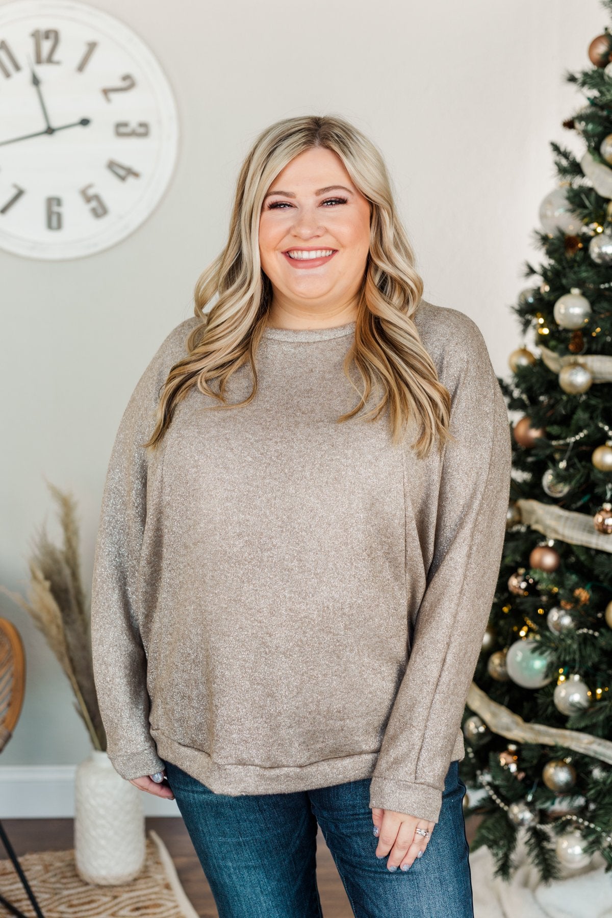 Living In Luxury Shimmer Top- Taupe