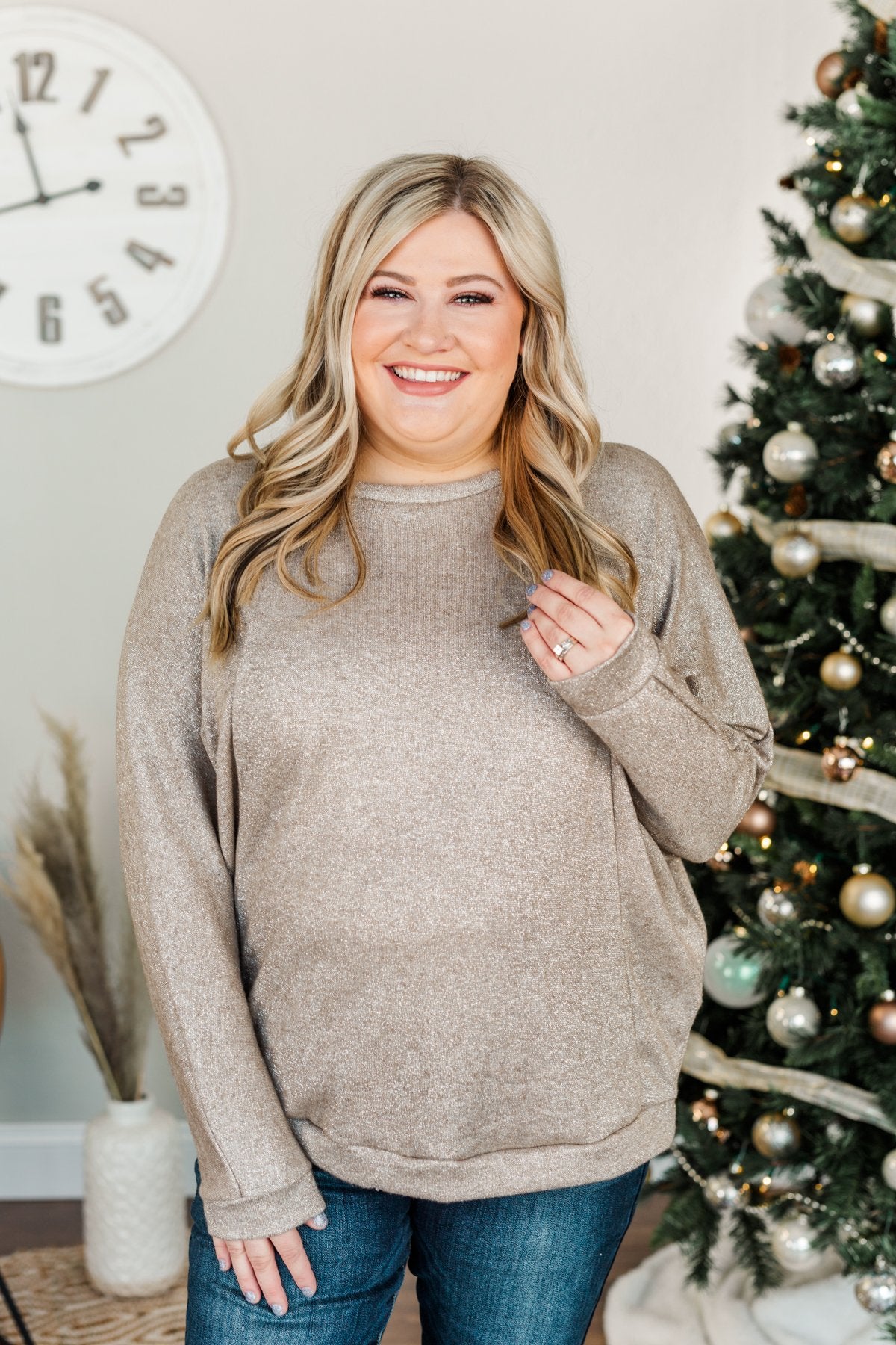 Living In Luxury Shimmer Top- Taupe