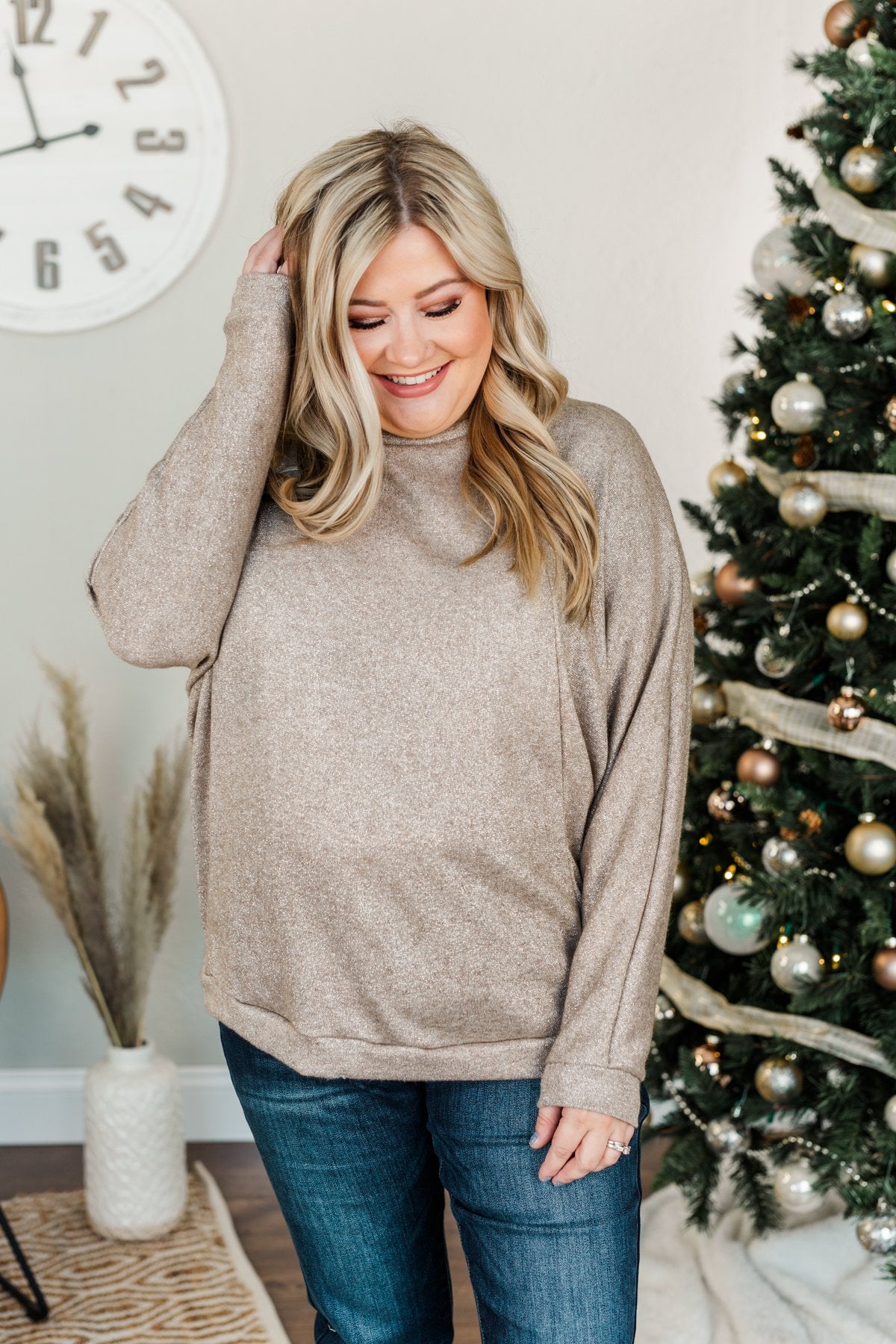Living In Luxury Shimmer Top- Taupe