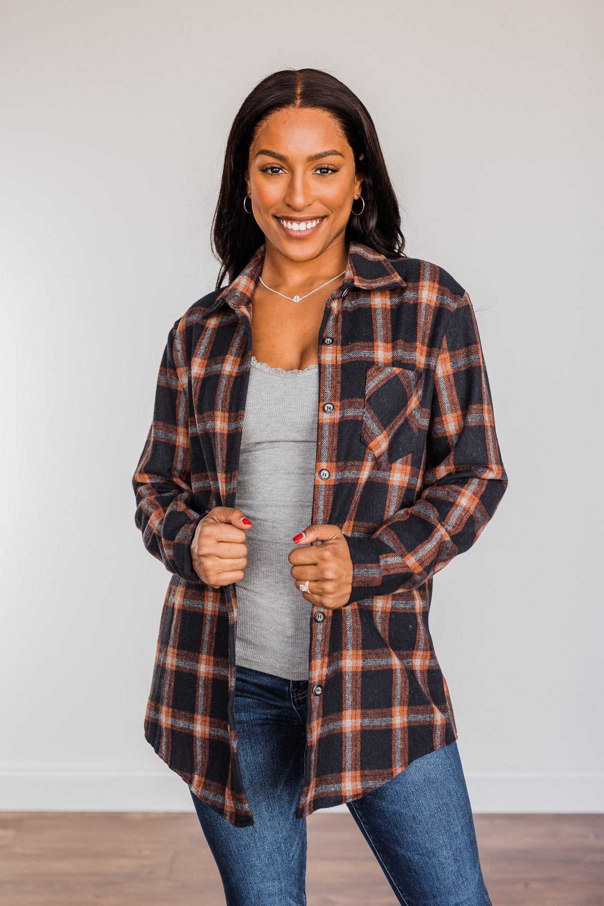Hot Cocoa Dreams Plaid Flannel- Navy & Orange