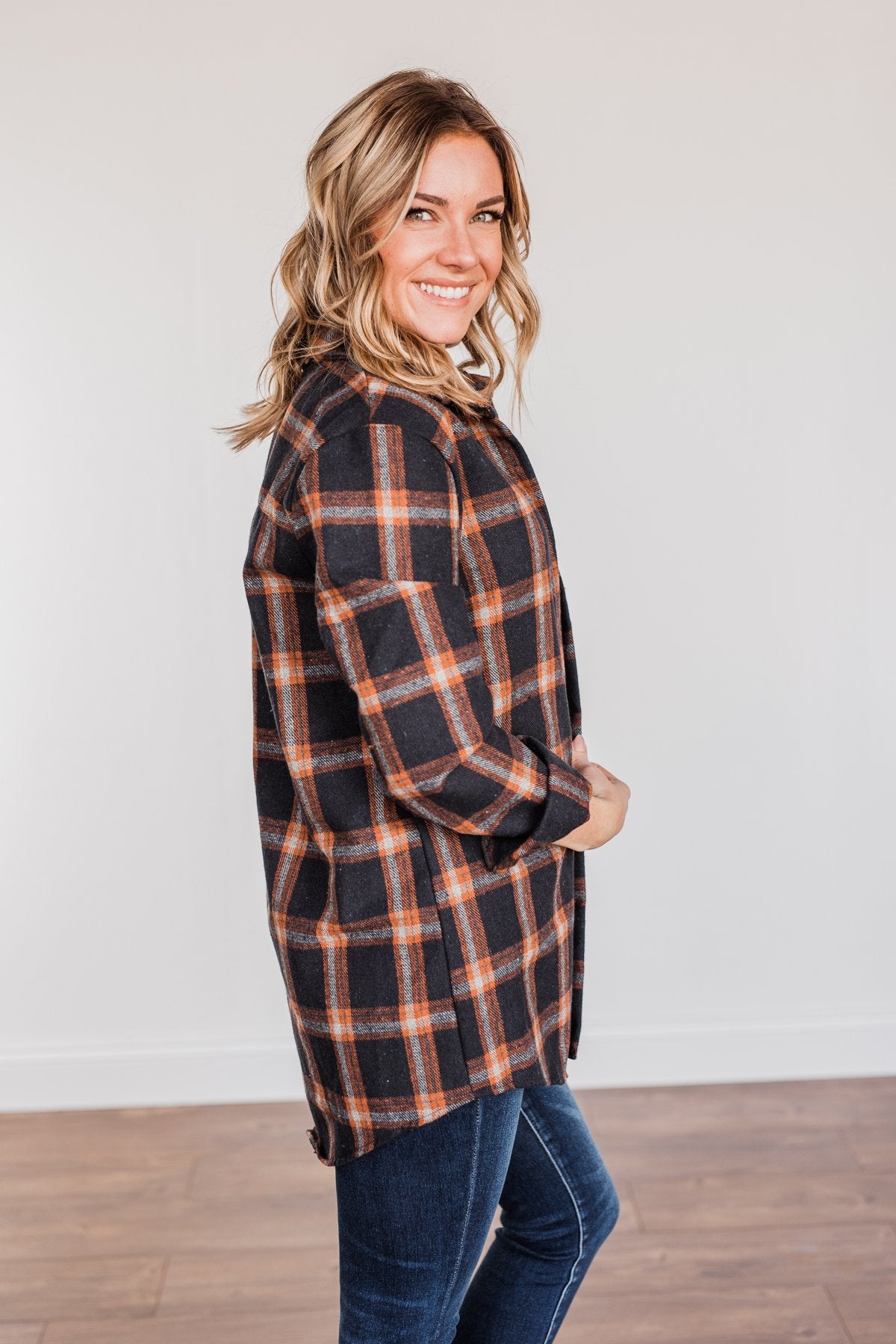 Hot Cocoa Dreams Plaid Flannel- Navy & Orange