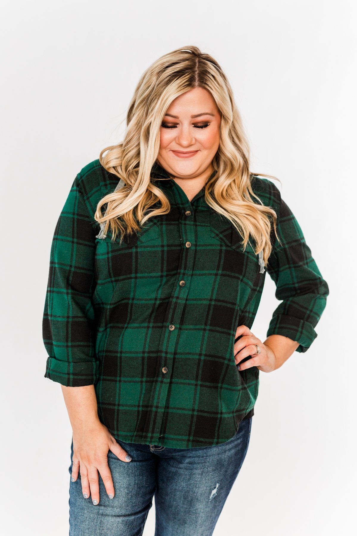 Feeling The Festivities Hooded Plaid Top- Emerald Green