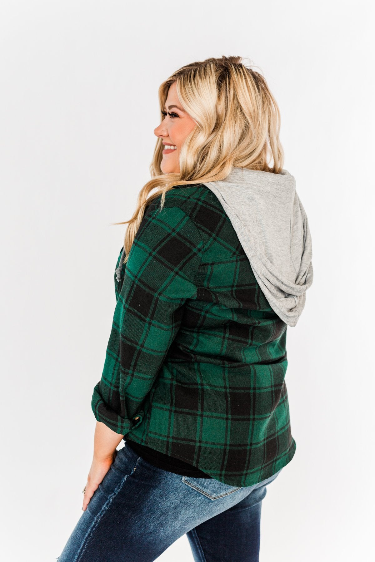Feeling The Festivities Hooded Plaid Top- Emerald Green