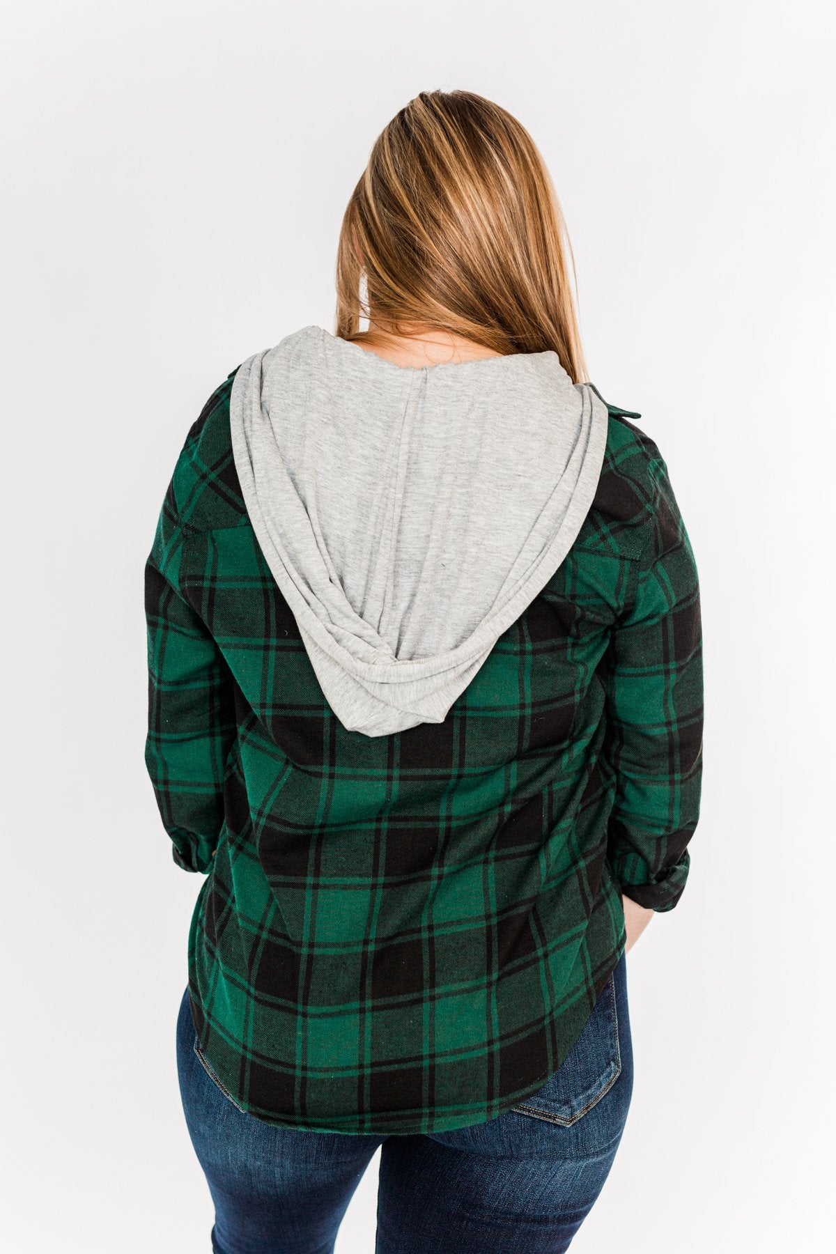 Feeling The Festivities Hooded Plaid Top- Emerald Green