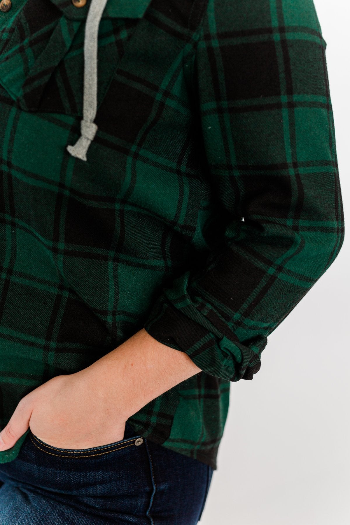 Feeling The Festivities Hooded Plaid Top- Emerald Green