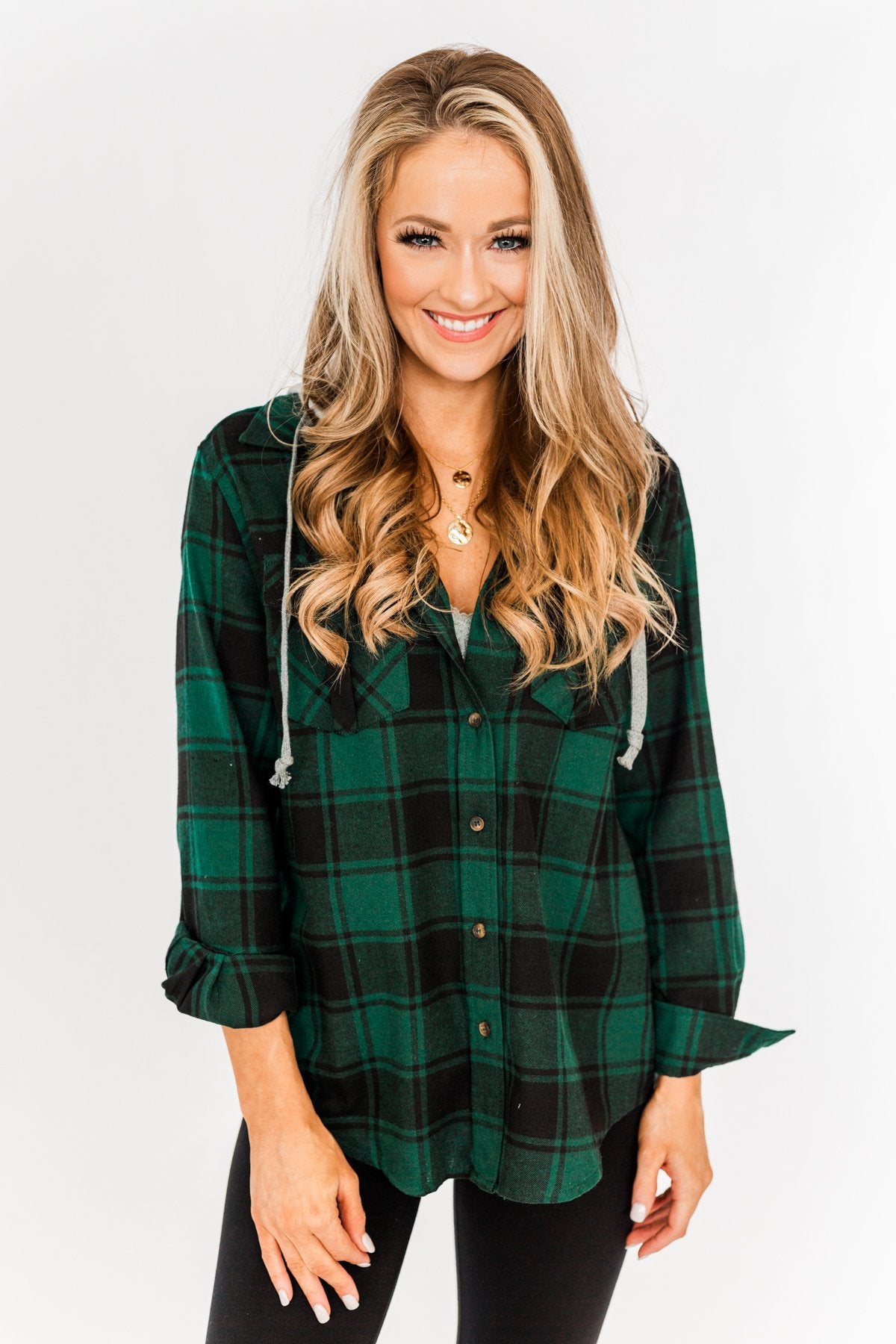 Feeling The Festivities Hooded Plaid Top- Emerald Green