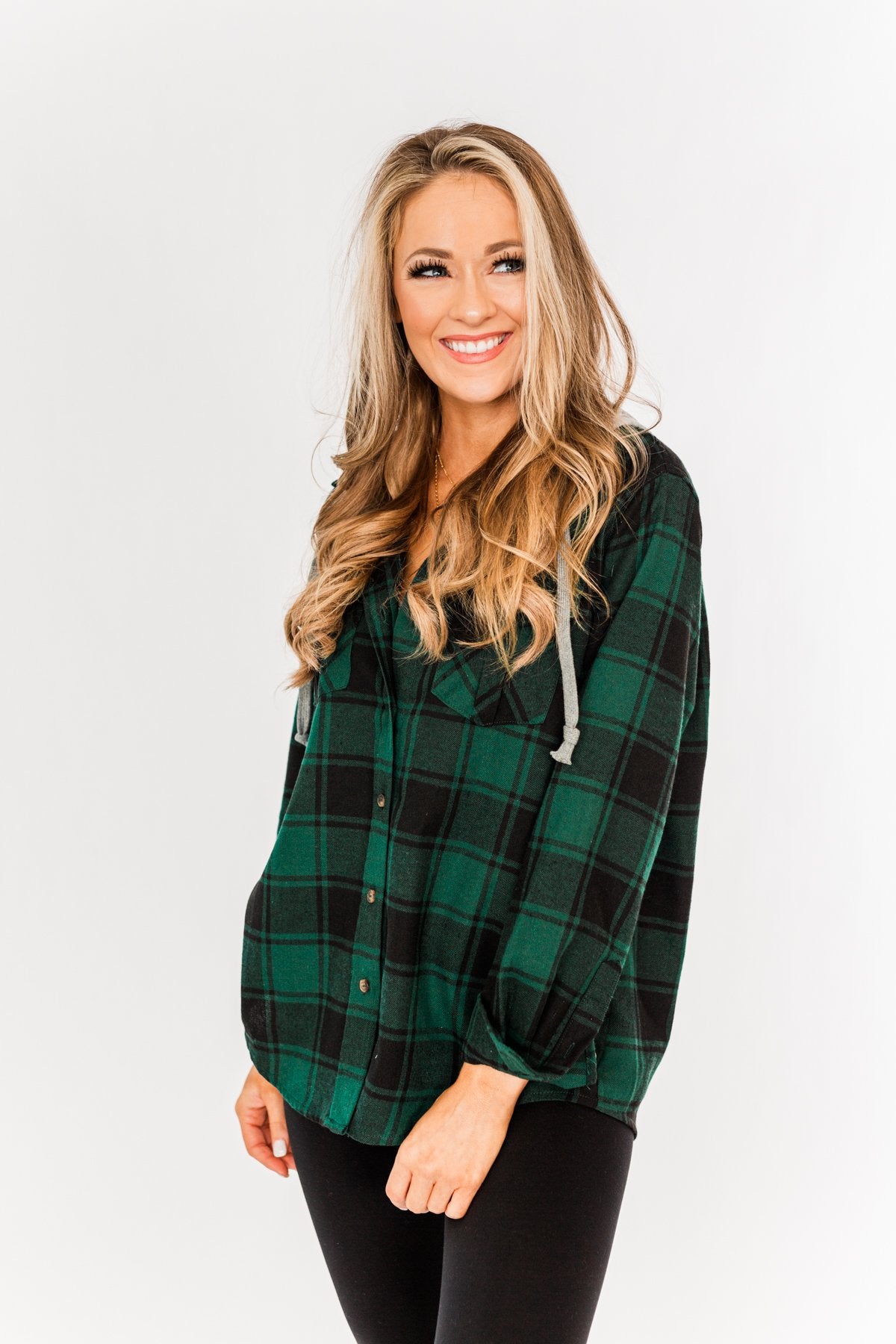Feeling The Festivities Hooded Plaid Top- Emerald Green