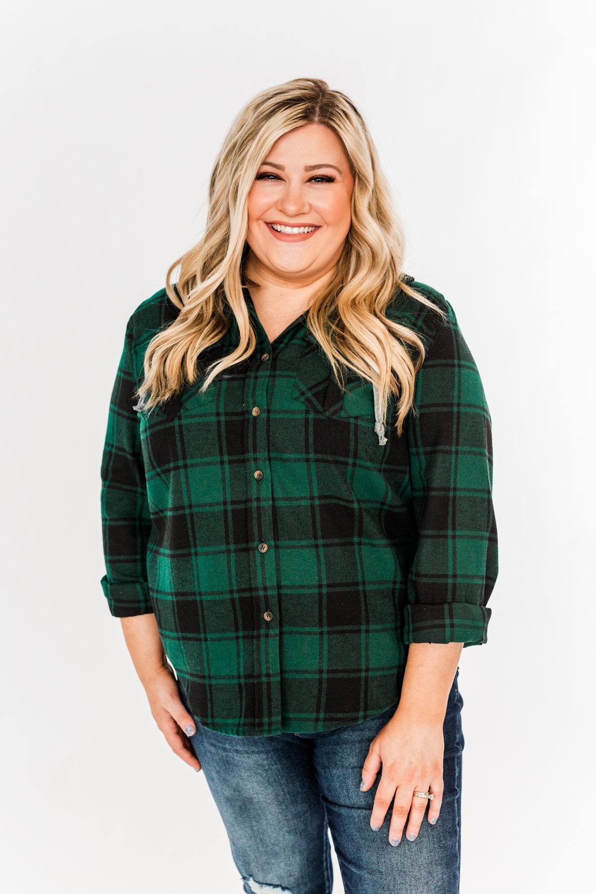Feeling The Festivities Hooded Plaid Top- Emerald Green