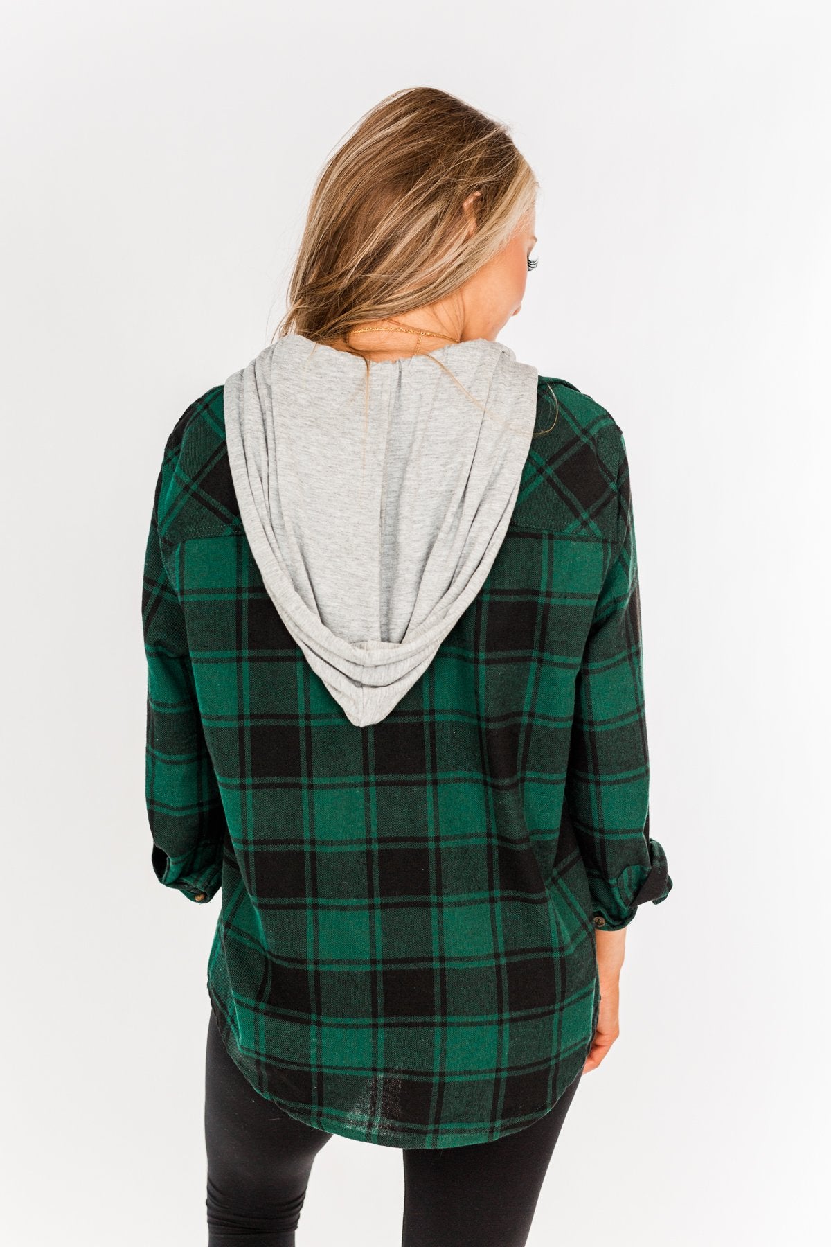 Feeling The Festivities Hooded Plaid Top- Emerald Green