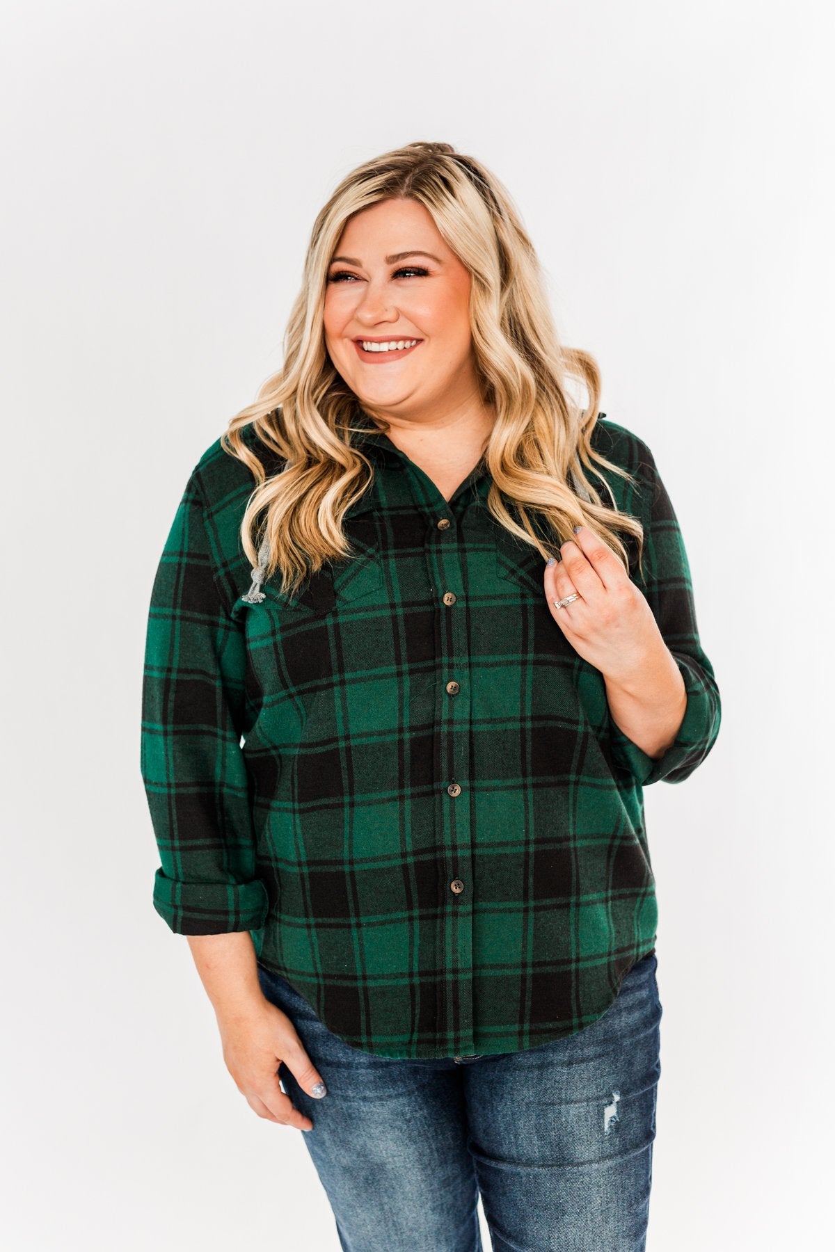 Feeling The Festivities Hooded Plaid Top- Emerald Green